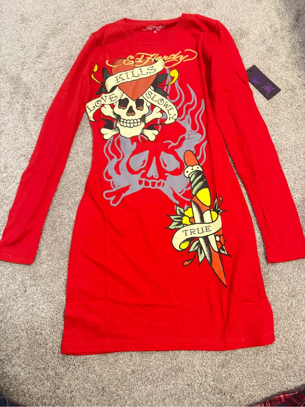 Ed Hardy Red Long-Sleeve Tattoo Graphic Bodycon Dress